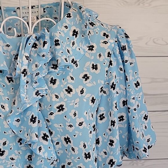 Topshop floral print short sleeved summer blouse in blue Women's Size 4 - Picture 4 of 12